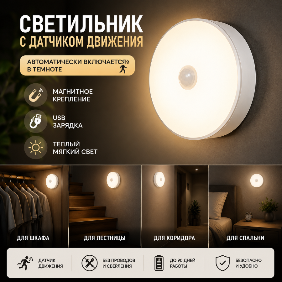 Ночник с датчиком движения, USB