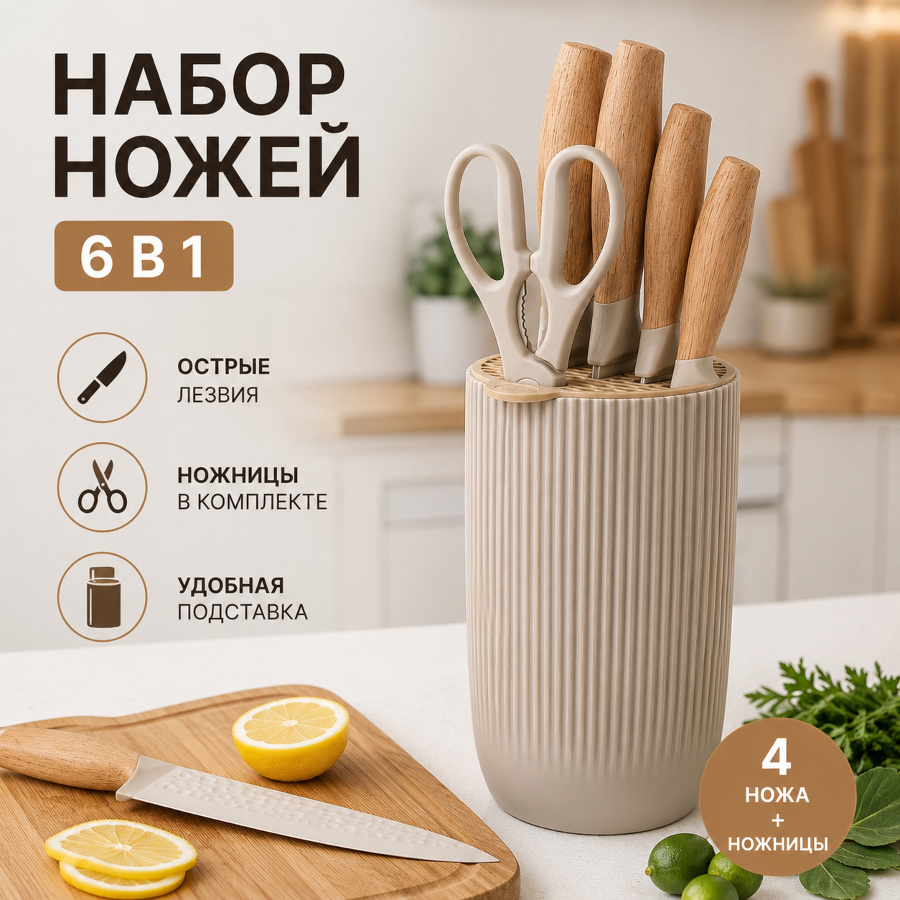 Набор кухонных ножей 6 в 1 с подставкой