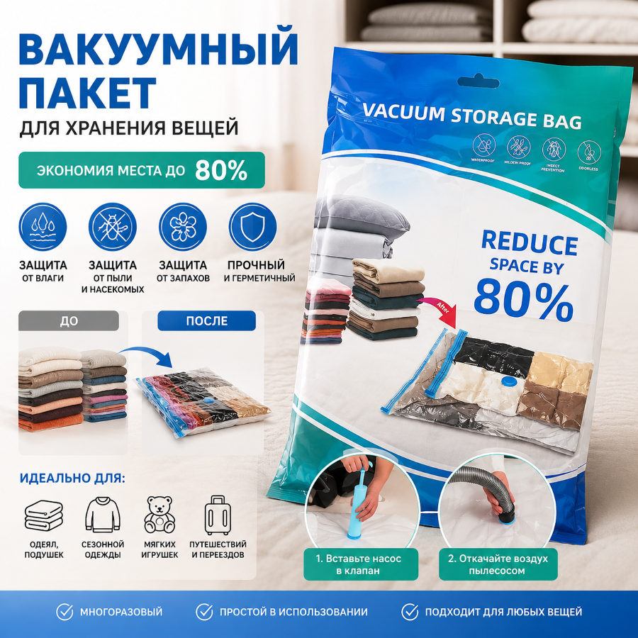 Вакуумный пакет для хранения вещей 90×120 см